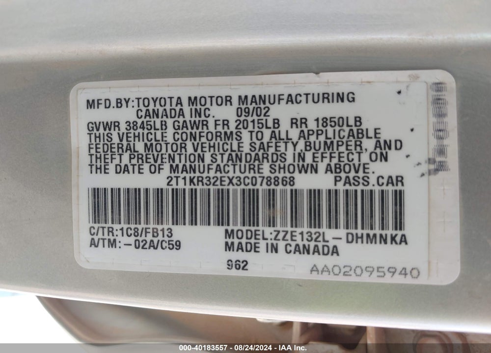 2003 TOYOTA MATRIX/XR VIN: 2T1KR32EX3C078868