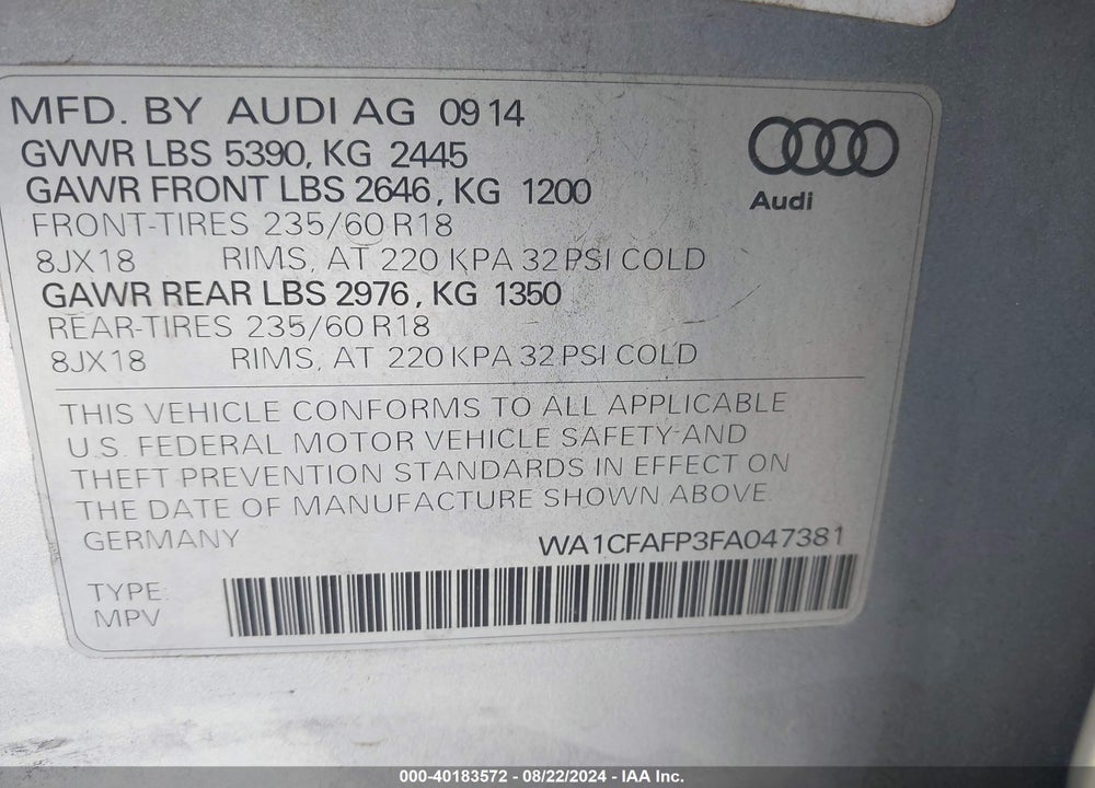 2015 AUDI Q5 2.0T PREMIUM VIN: WA1CFAFP3FA047381