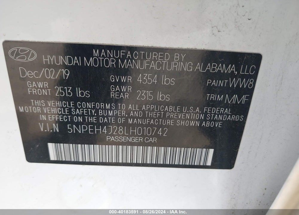 2020 HYUNDAI SONATA LIMITED VIN: 5NPEH4J28LH010742