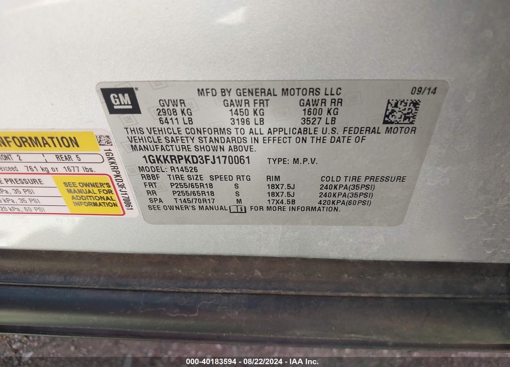 2015 GMC ACADIA SLE-2 VIN: 1GKKRPKD3FJ170061