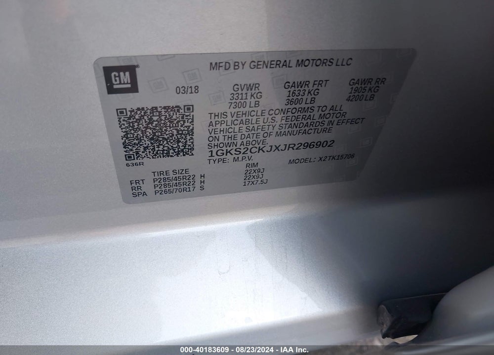 2018 GMC YUKON DENALI VIN: 1GKS2CKJXJR296902