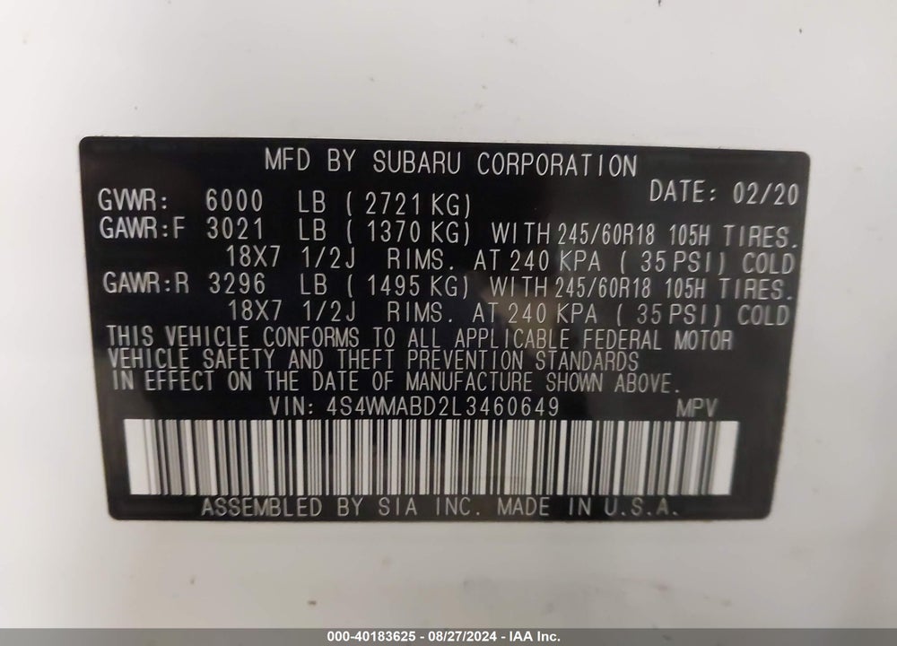 2020 SUBARU ASCENT PREMIUM VIN: 4S4WMABD2L3460649