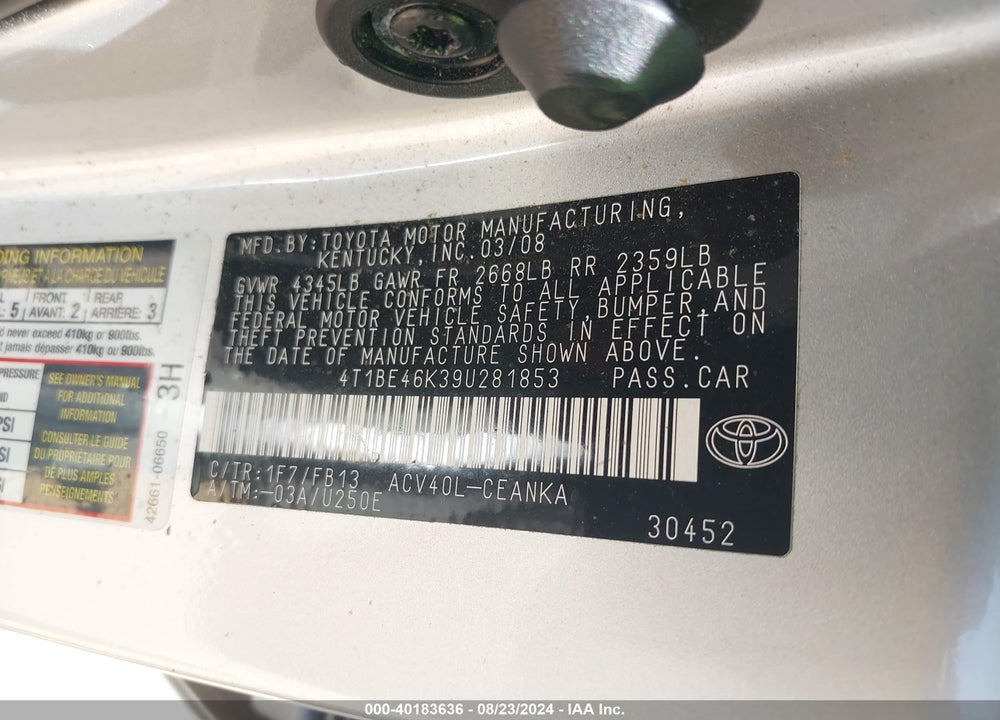 2009 TOYOTA CAMRY VIN: 4T1BE46K39U281853