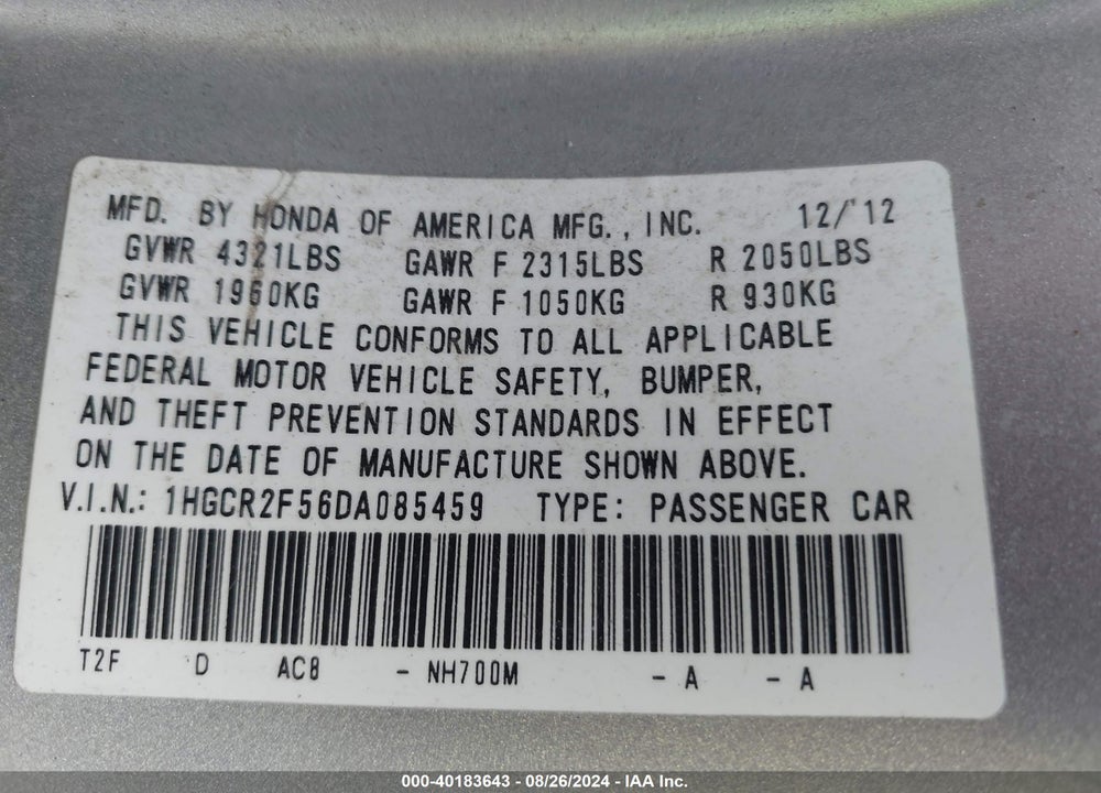 2013 HONDA ACCORD SPORT VIN: 1HGCR2F56DA085459