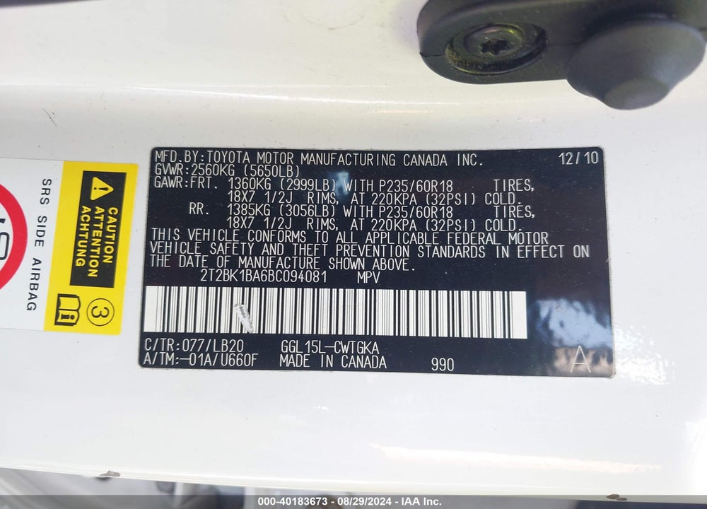 2011 LEXUS RX 350 VIN: 2T2BK1BA6BC094081