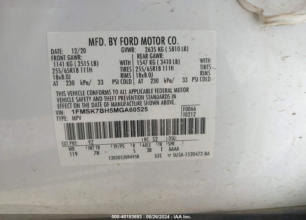 2021 FORD EXPLORER VIN: 1FMSK7BH5MGA60525