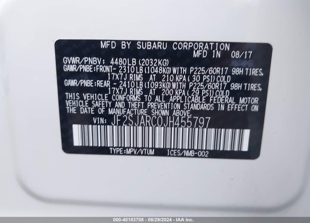2018 SUBARU FORESTER 2.5I LIMITED VIN: JF2SJARC0JH455797
