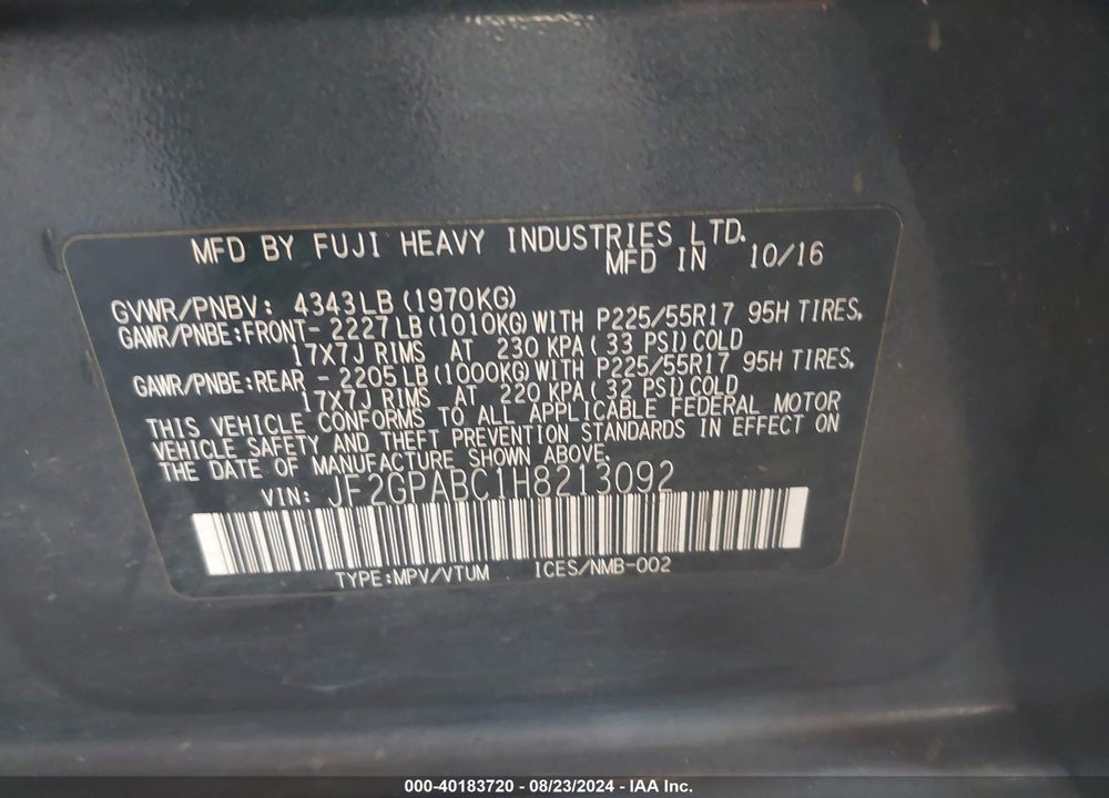 2017 SUBARU CROSSTREK 2.0I PREMIUM VIN: JF2GPABC1H8213092