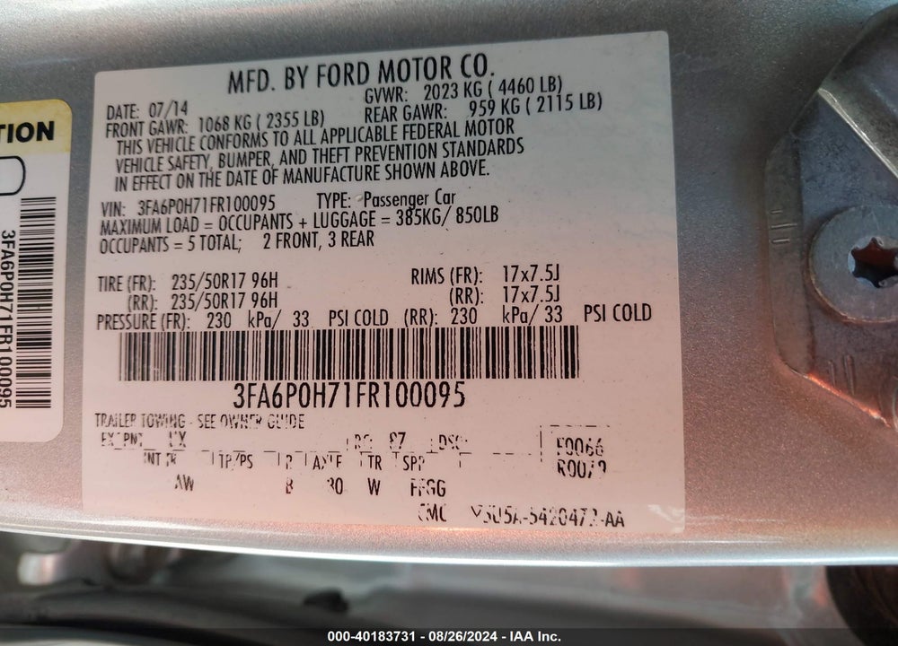 2015 FORD FUSION VIN: 3FA6P0H71FR100095
