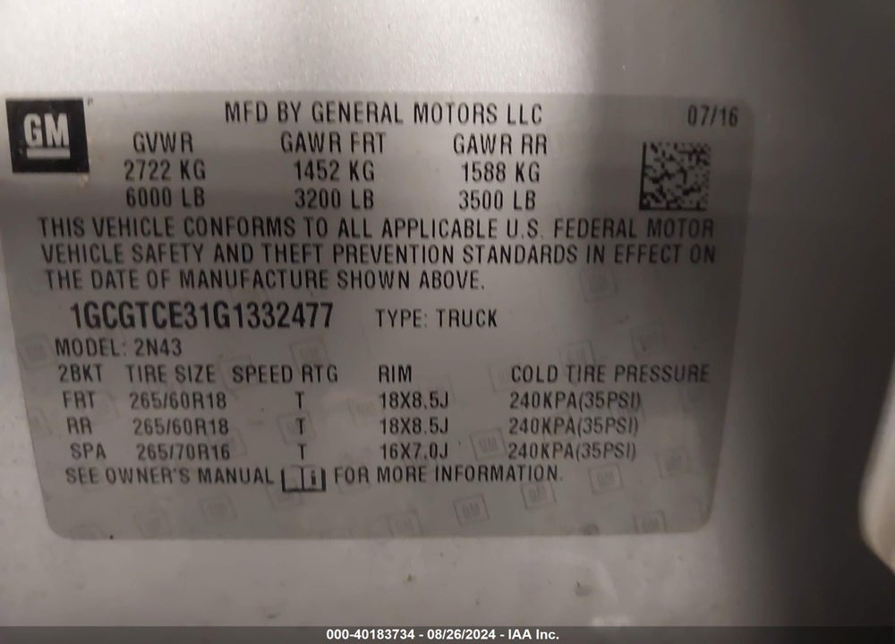 2016 CHEVROLET COLORADO LT VIN: 1GCGTCE31G1332477