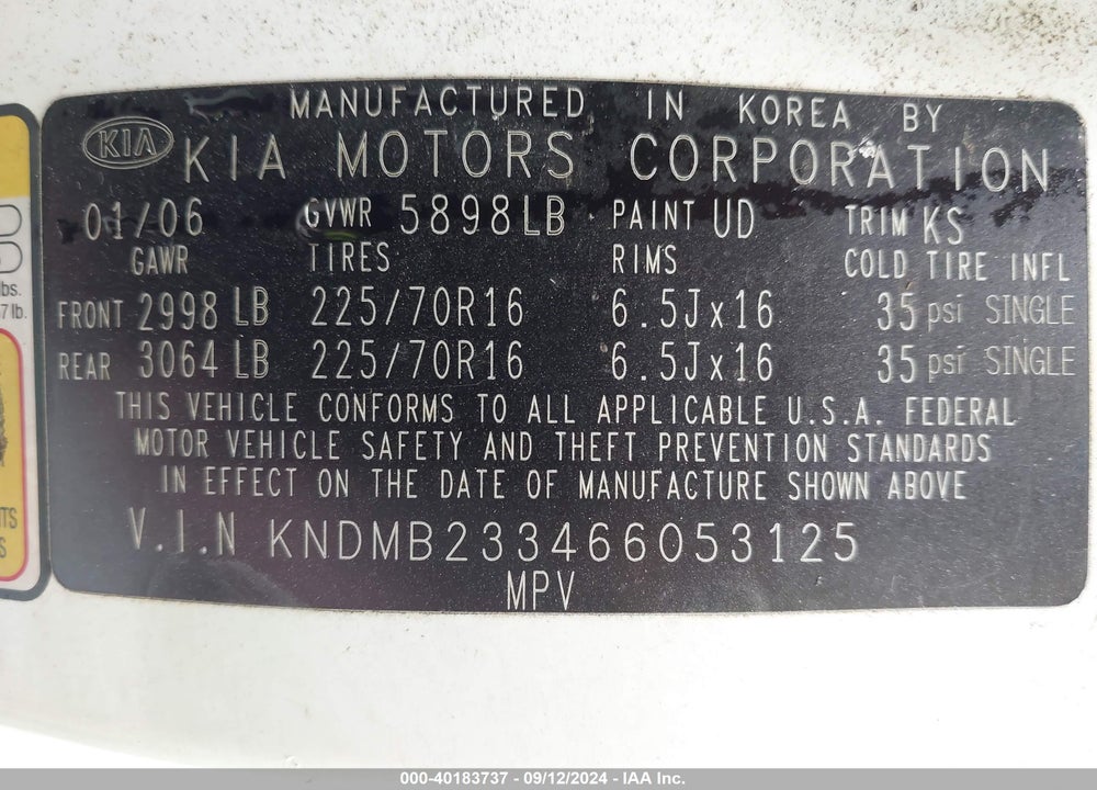 2006 KIA SEDONA EX/LX VIN: KNDMB233466053125