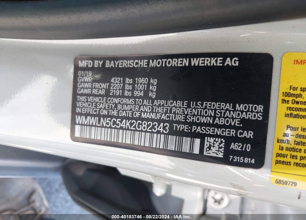 2019 MINI CLUBMAN COOPER VIN: WMWLN5C54K2G82343
