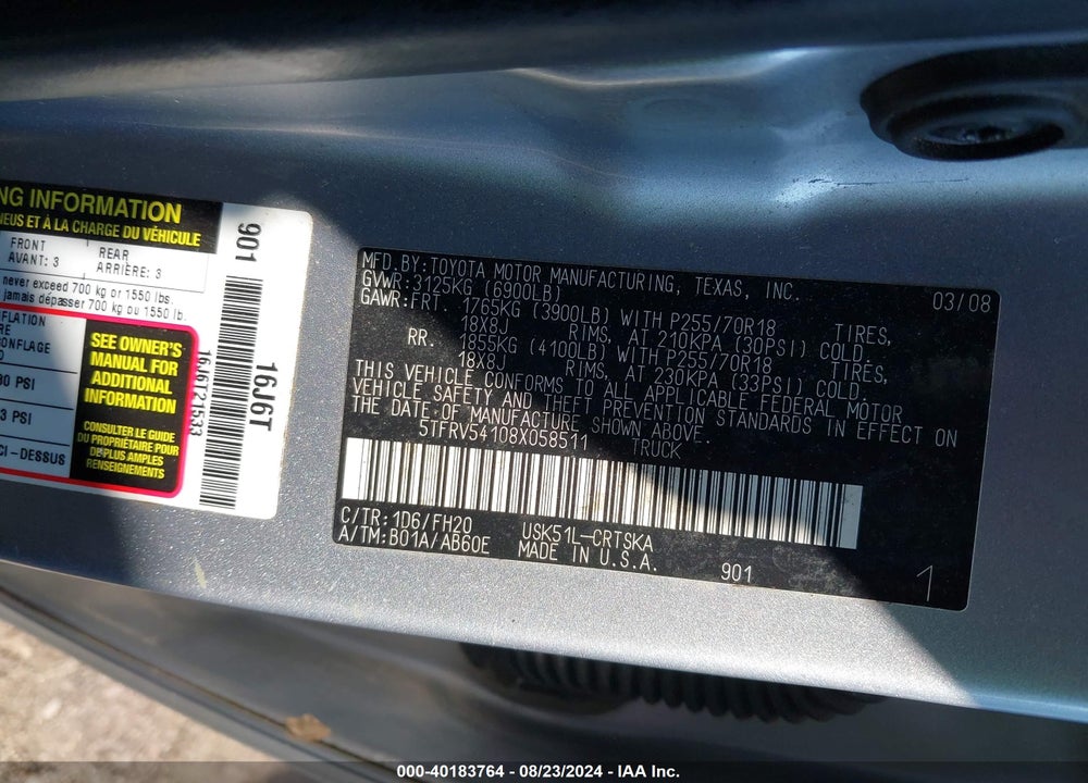 2008 TOYOTA TUNDRA BASE 5.7L V8 VIN: 5TFRV54108X058511