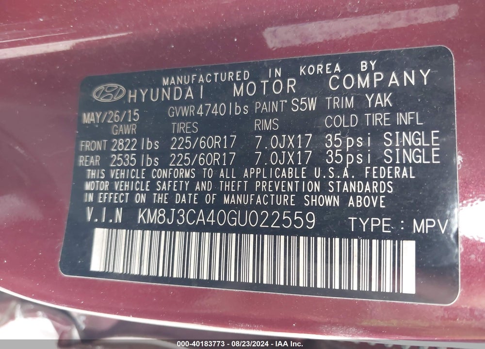 2016 HYUNDAI TUCSON SE VIN: KM8J3CA40GU022559