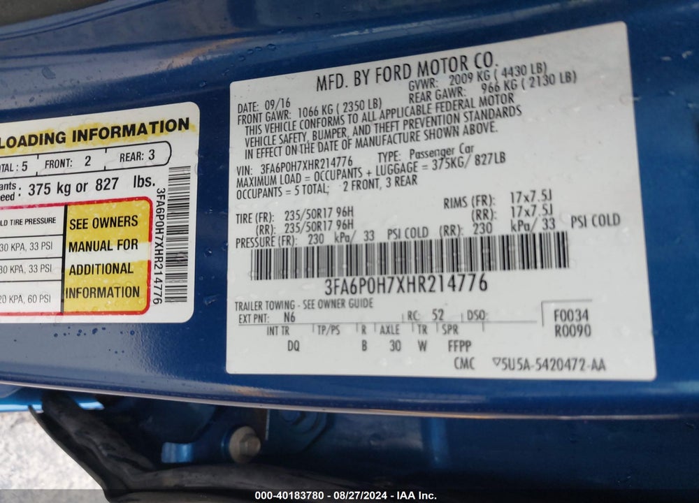 2017 FORD FUSION SE VIN: 3FA6P0H7XHR214776