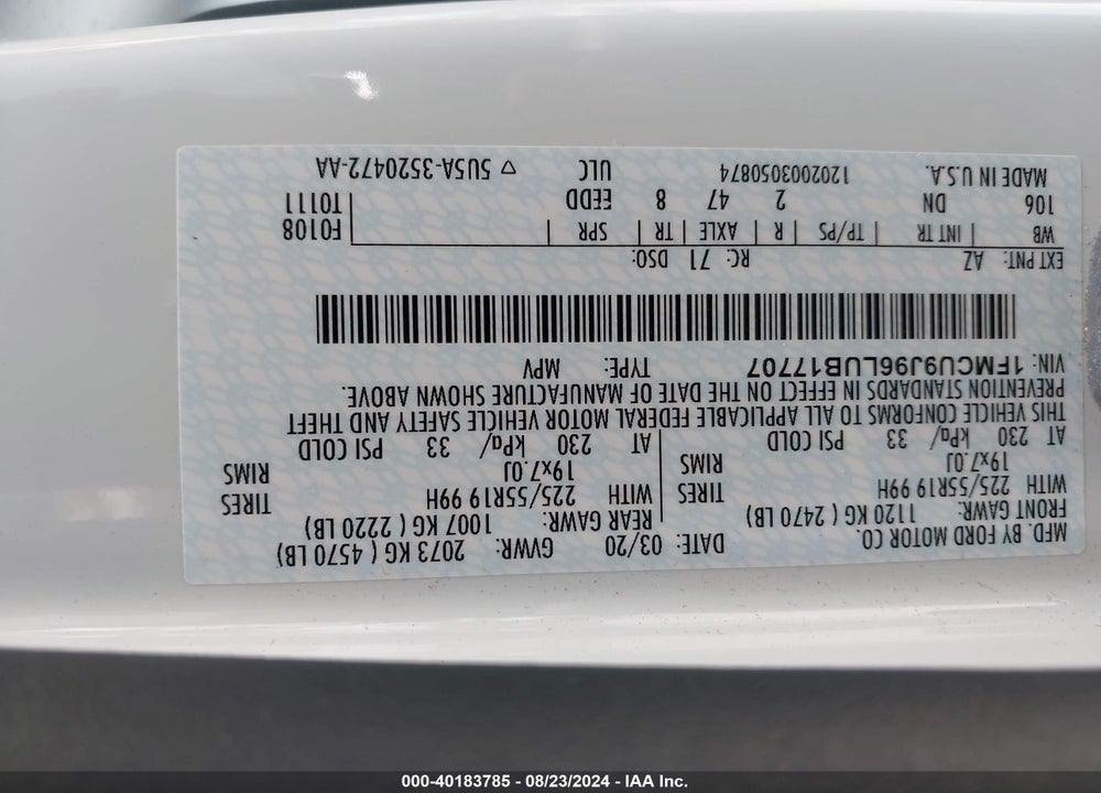 2020 FORD ESCAPE TITANIUM VIN: 1FMCU9J96LUB17707