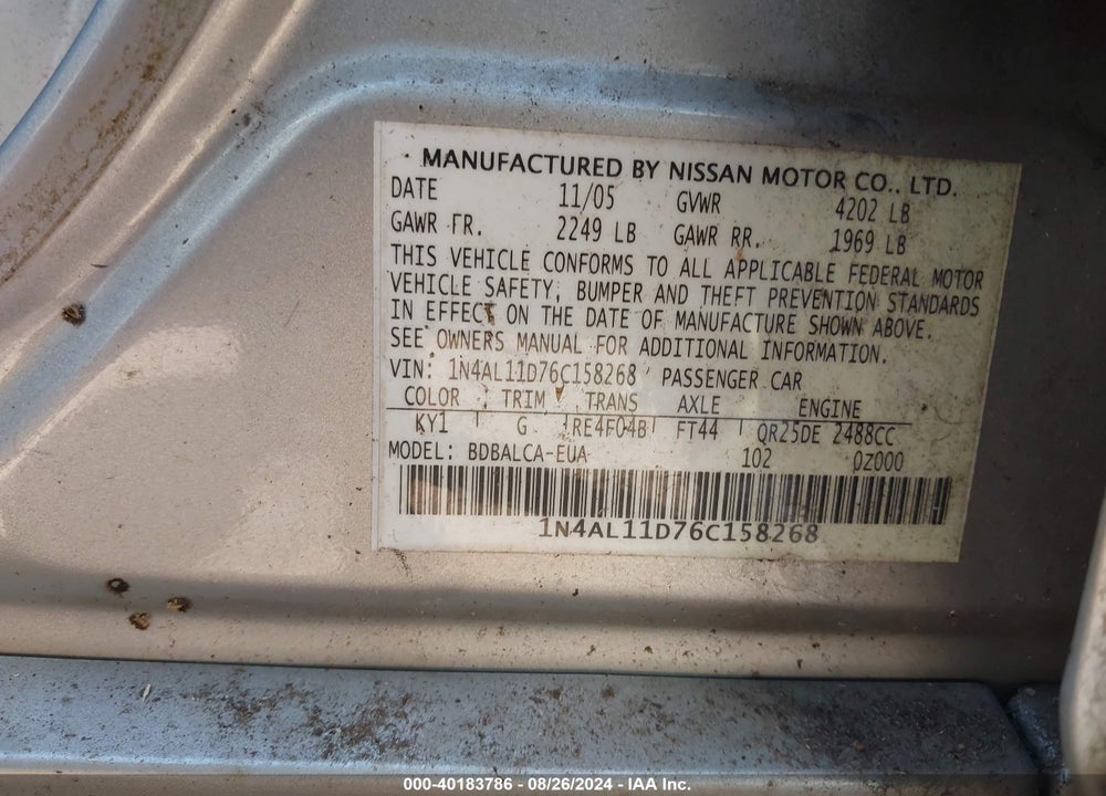 2006 NISSAN ALTIMA 2.5 S VIN: 1N4AL11D76C158268