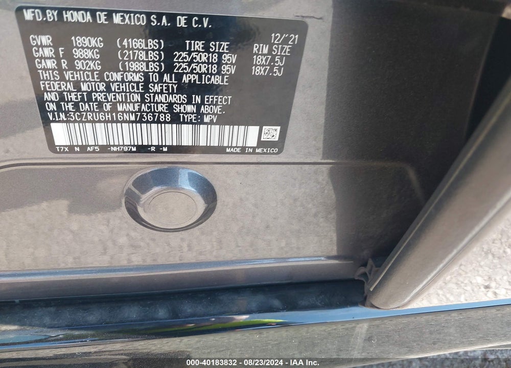 2022 HONDA HR-V AWD SPORT VIN: 3CZRU6H16NM736788
