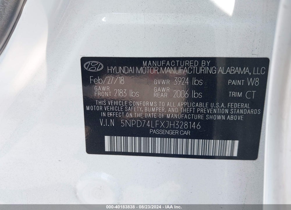 2018 HYUNDAI ELANTRA SE VIN: 5NPD74LFXJH328146