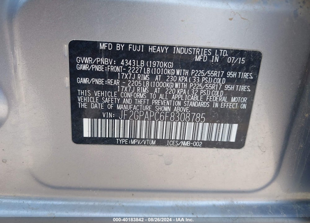 2015 SUBARU XV CROSSTREK 2.0I LIMITED VIN: JF2GPAPC6F8308785
