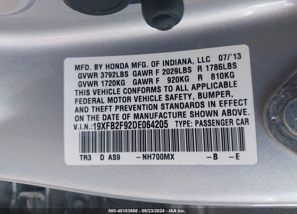 2013 HONDA CIVIC EX-L VIN: 19XFB2F92DE064205