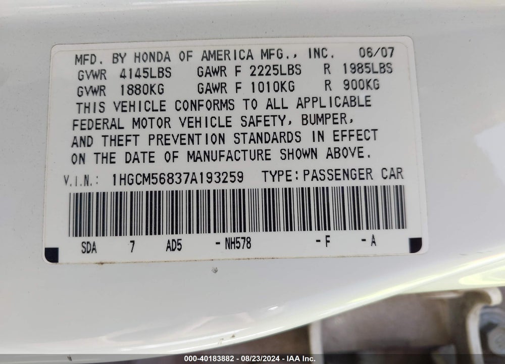 2007 HONDA ACCORD 2.4 EX VIN: 1HGCM56837A193259