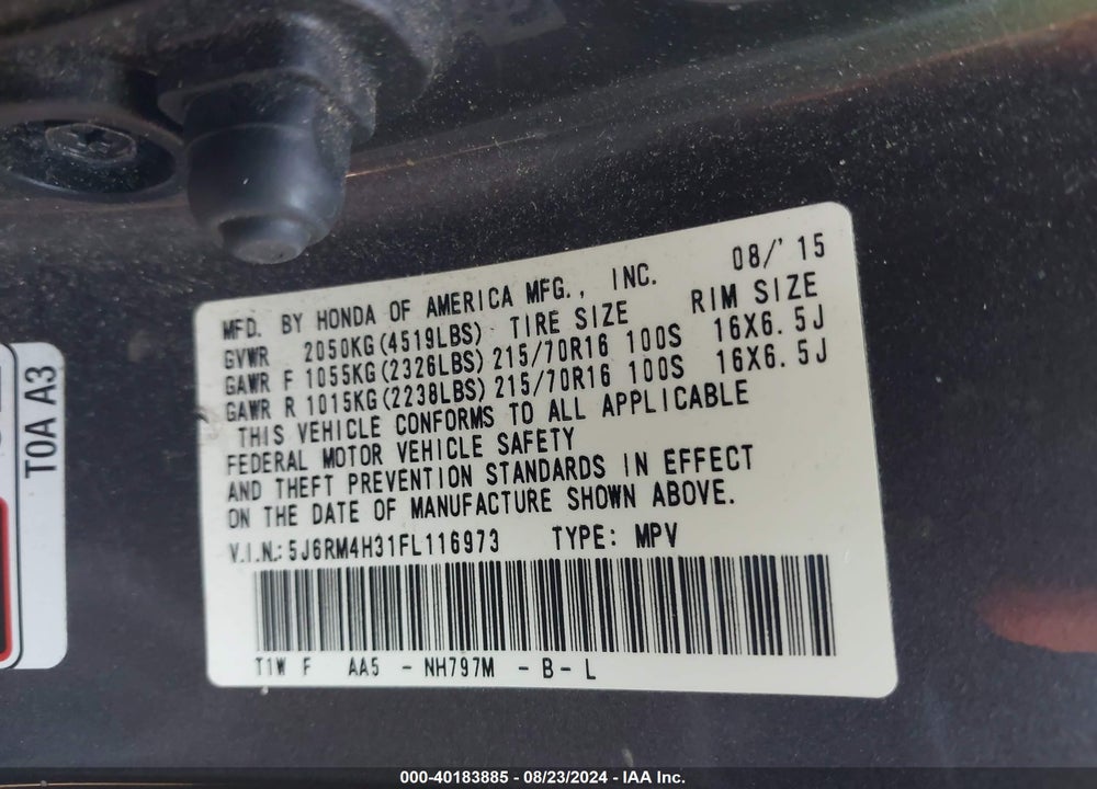 2015 HONDA CR-V LX VIN: 5J6RM4H31FL116973