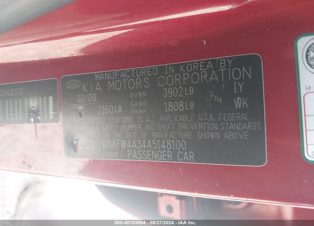 2010 KIA FORTE SX VIN: KNAFW4A34A5148100