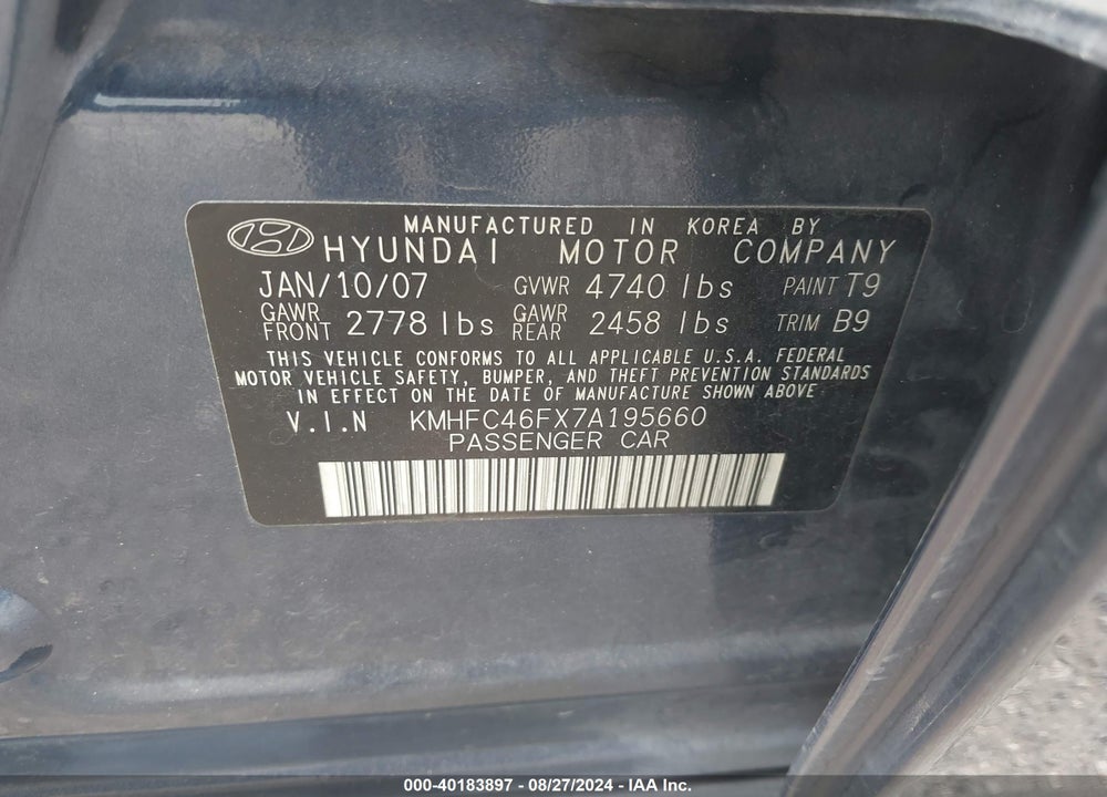 2007 HYUNDAI AZERA VIN: KMHFC46FX7A195660