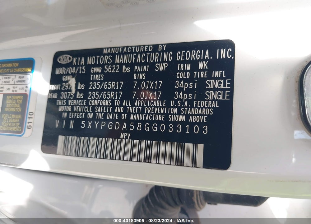 2016 KIA SORENTO LX/L VIN: 5XYPGDA58GG033103