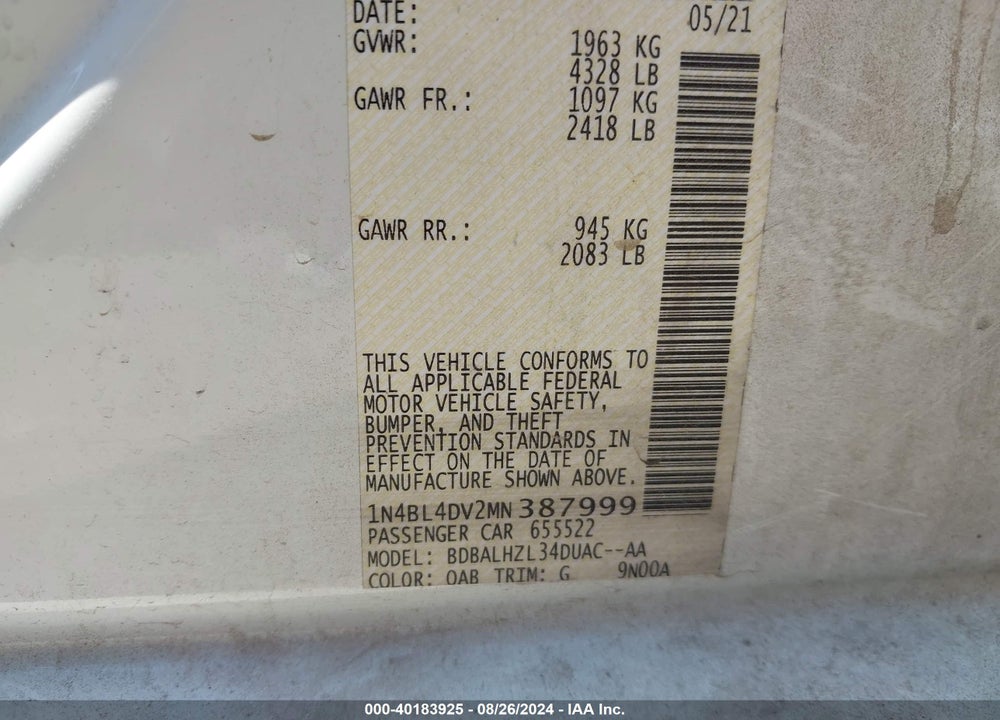 2021 NISSAN ALTIMA SV FWD VIN: 1N4BL4DV2MN387999