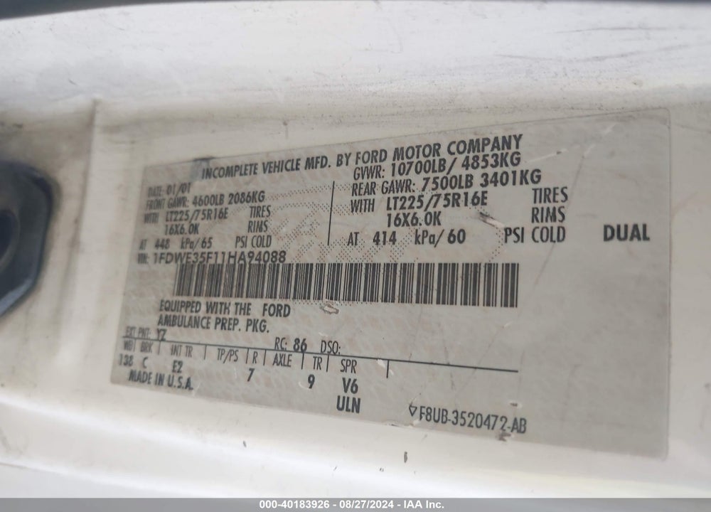 2001 FORD E-350 CUTAWAY STANDARD VIN: 1FDWE35F11HA94088