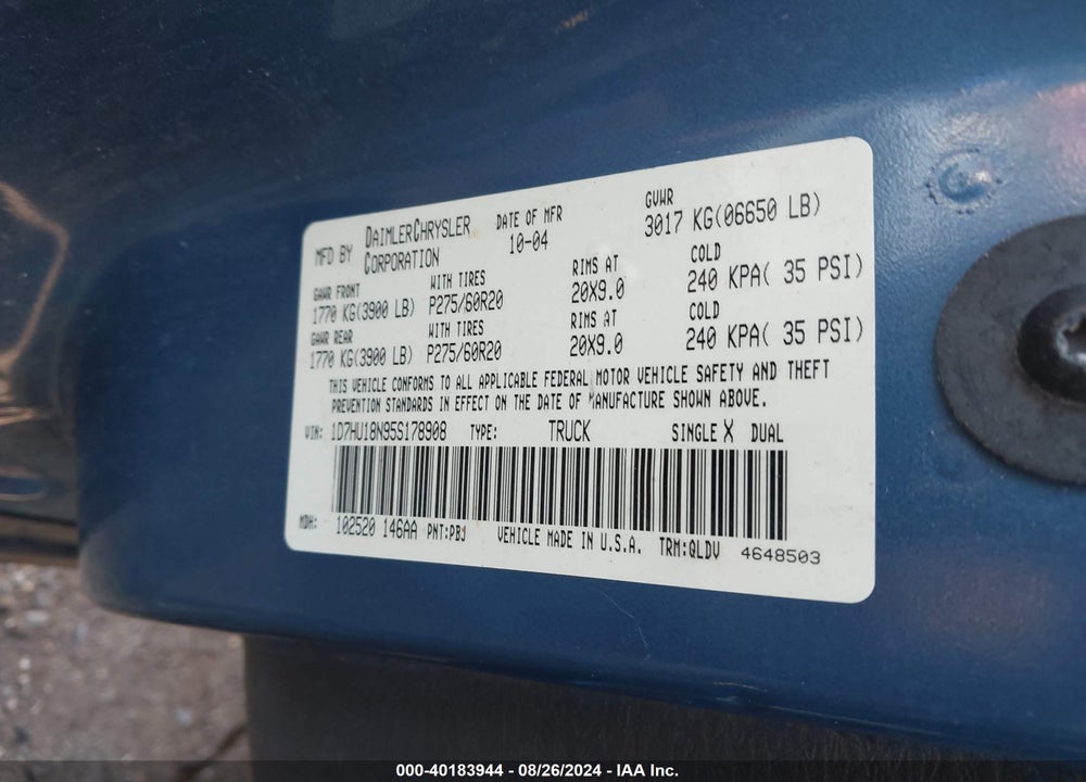 2005 DODGE RAM 1500 SLT/LARAMIE VIN: 1D7HU18N95S178908