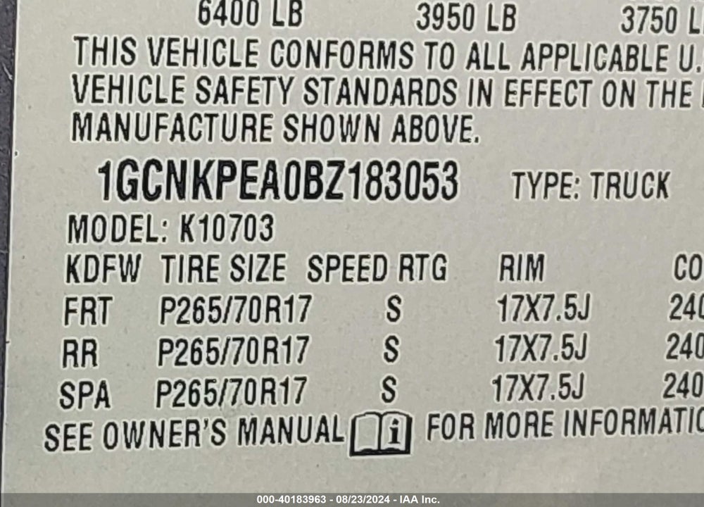 2011 CHEVROLET SILVERADO 1500 WORK TRUCK VIN: 1GCNKPEA0BZ183053