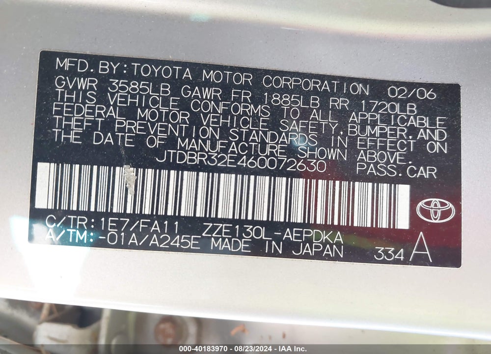 2006 TOYOTA COROLLA CE VIN: JTDBR32E460072630