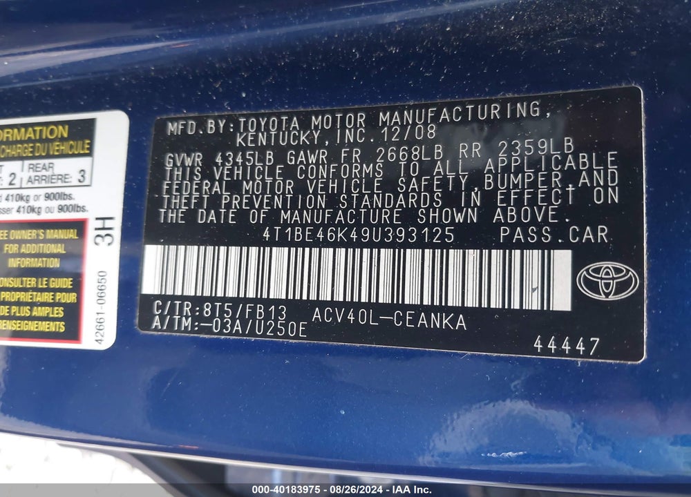 2009 TOYOTA CAMRY LE VIN: 4T1BE46K49U393125
