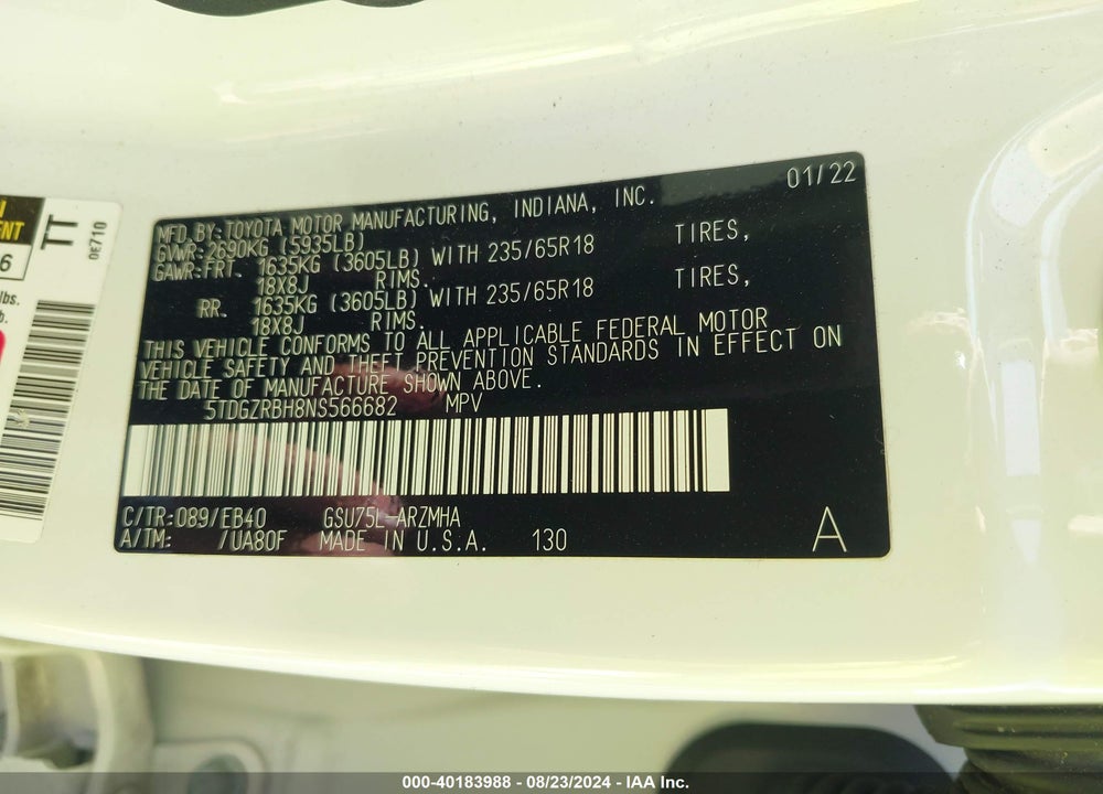 2022 TOYOTA HIGHLANDER VIN: 5TDGZRBH8NS566682