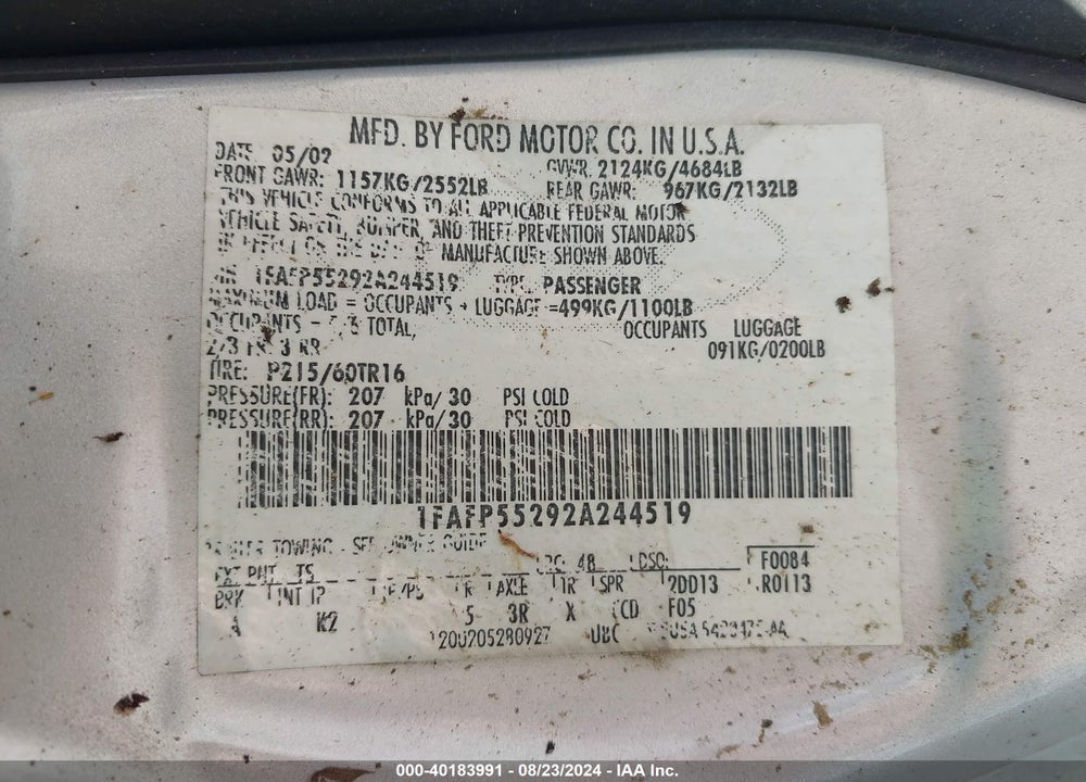 2002 FORD TAURUS SES VIN: 1FAFP55292A244519