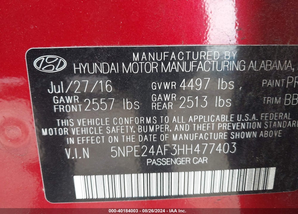2017 HYUNDAI SONATA SE VIN: 5NPE24AF3HH477403