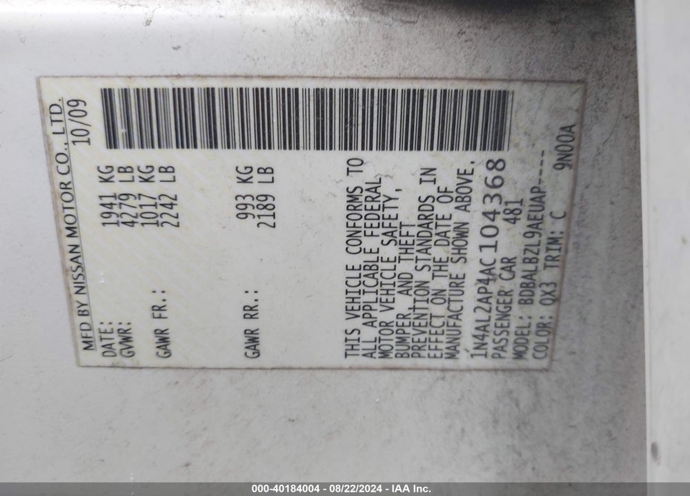 2010 NISSAN ALTIMA 2.5 S VIN: 1N4AL2AP4AC104368
