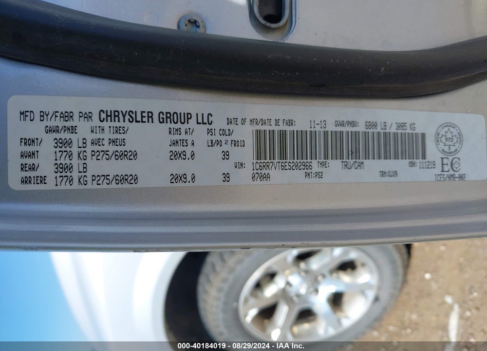 2014 RAM 1500 LAIE VIN: 1C6RR7VT6ES202966