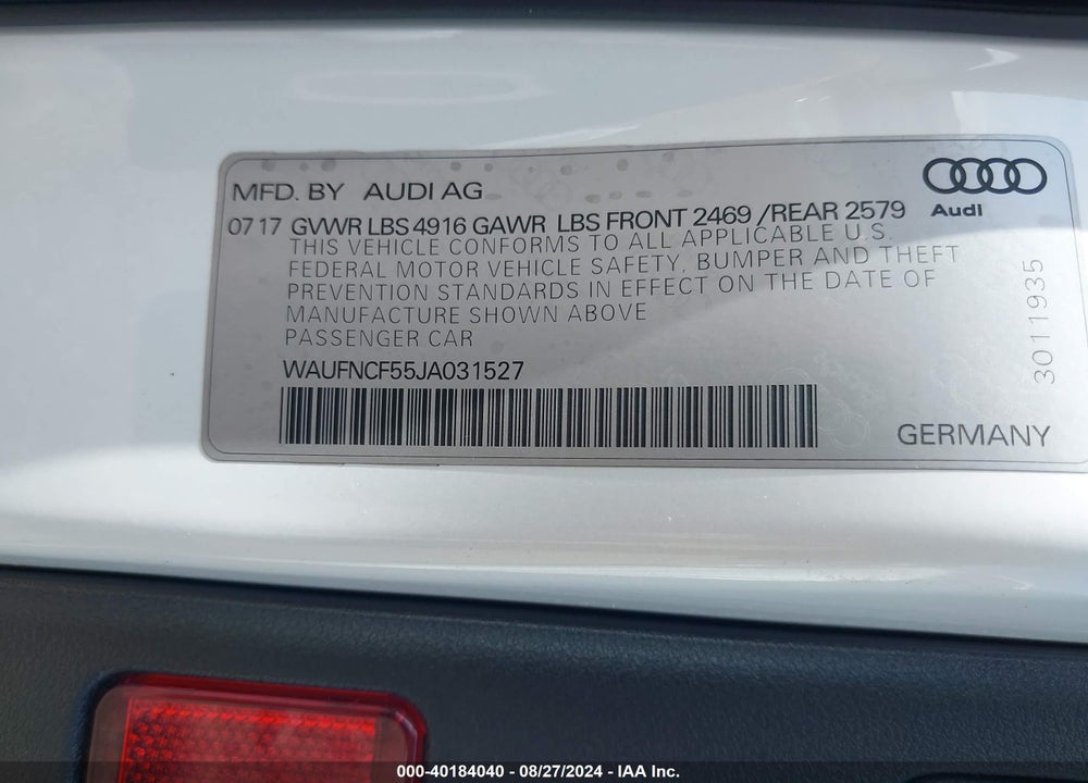 2018 AUDI A5 2.0T PREMIUM VIN: WAUFNCF55JA031527