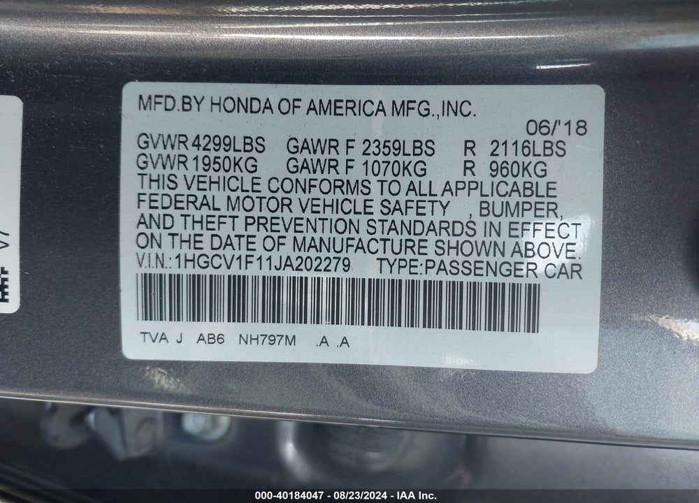 2018 HONDA ACCORD LX VIN: 1HGCV1F11JA202279
