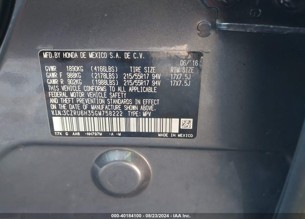 2016 HONDA HR-V LX VIN: 3CZRU6H35GM758222
