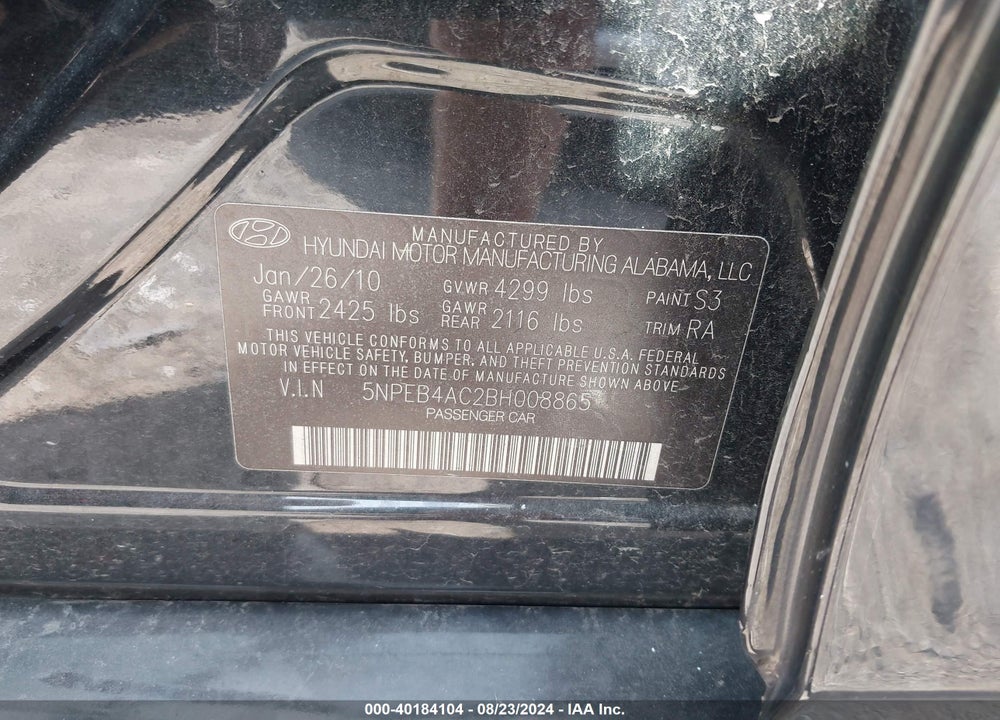 2011 HYUNDAI SONATA GLS VIN: 5NPEB4AC2BH008865