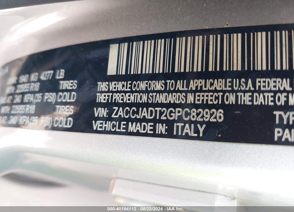 2016 JEEP RENEGADE LIMITED VIN: ZACCJADT2GPC82926