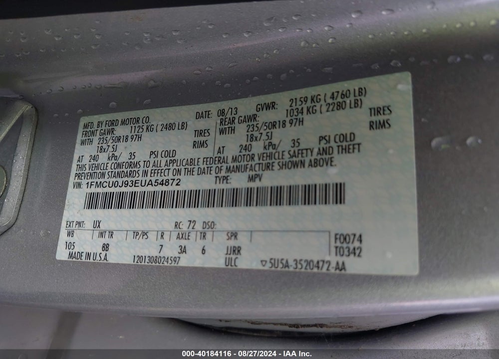2014 FORD ESCAPE TITANIUM VIN: 1FMCU0J93EUA54872