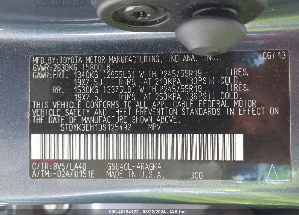 2013 TOYOTA HIGHLANDER LIMITED V6 VIN: 5TDYK3EH1DS125492