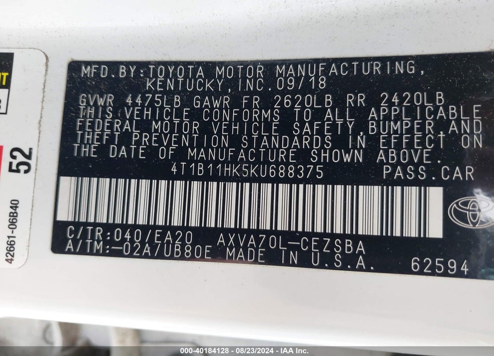 2019 TOYOTA CAMRY SE VIN: 4T1B11HK5KU688375