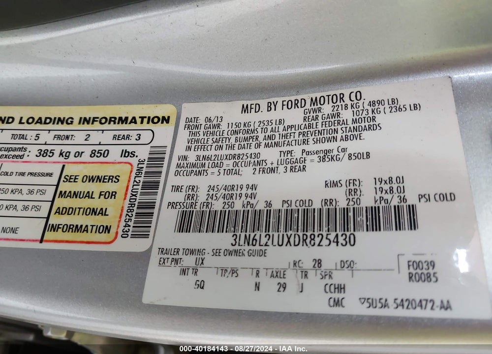 2013 LINCOLN MKZ HYBRID VIN: 3LN6L2LUXDR825430